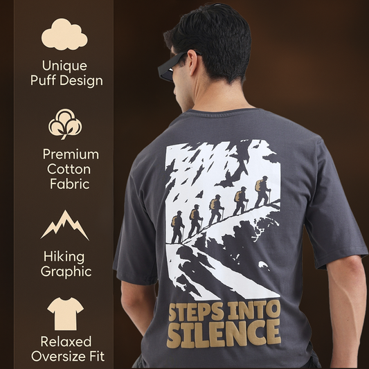 Steps Into Silence Oversized Graphic T-Shirt – Mountain Trekking Adventure Tee for Men, Grey