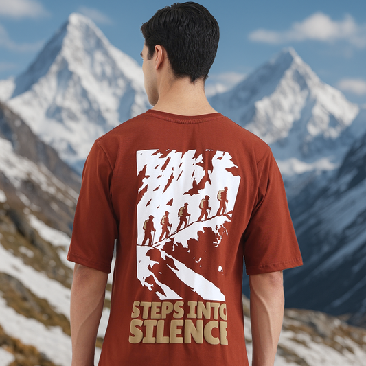 Steps Into Silence Oversized Graphic T-Shirt – Mountain Trekking Adventure Tee for Men, Cofee Brown