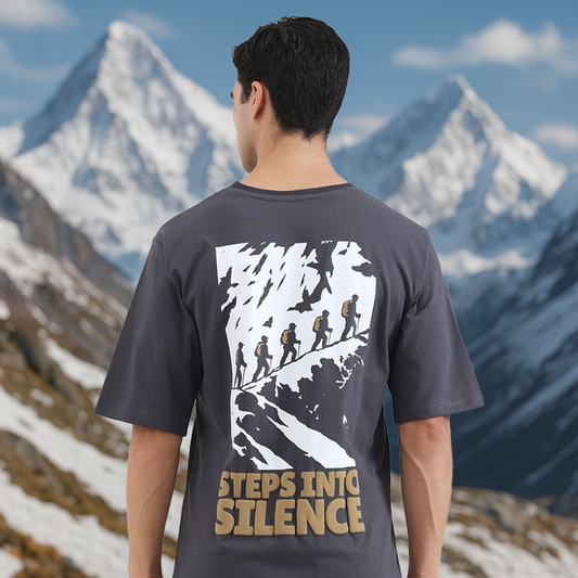 Steps Into Silence Oversized Graphic T-Shirt – Mountain Trekking Adventure Tee for Men, Grey
