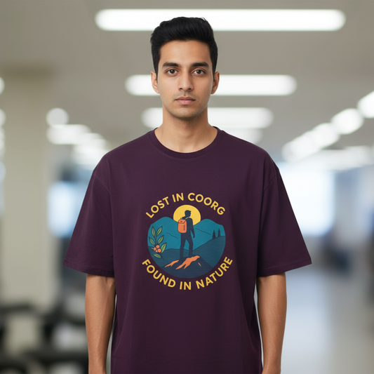 Lost in Coorg Found in Nature Graphic Oversized T-Shirt – Adventure & Travel-Inspired Tee for Men