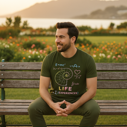 Life = Σ(Experiences) Graphic Regular  T-Shirt – Math & Science Inspired Motivational Tee for Men, Olive