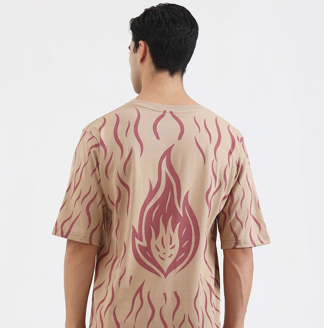 Fuel The Fire Within Graphic Oversized T-Shirt – Motivational Flame Print Tee for Men, Beige