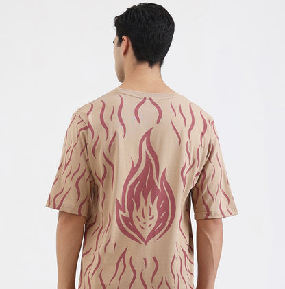 Fuel The Fire Within Graphic Oversized T-Shirt – Motivational Flame Print Tee for Men, Beige