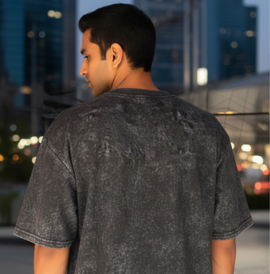 Premium Acid Wash Oversized Cotton Terry T-Shirt – 240 GSM Bio-Washed (Black)