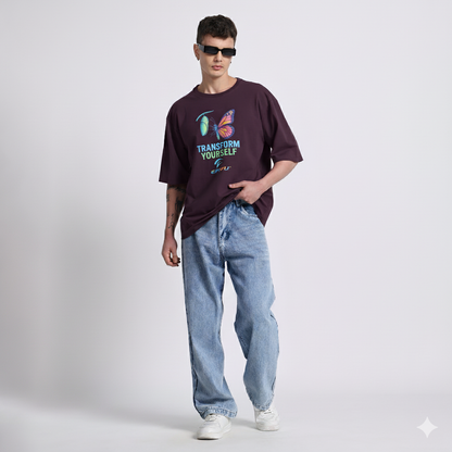 Transform Yourself Oversized Graphic T-Shirt – Motivational Butterfly Print Tee for Men, Wine