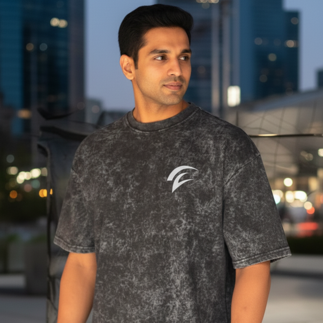 Premium Acid Wash Oversized Cotton Terry T-Shirt – 240 GSM Bio-Washed (Black)