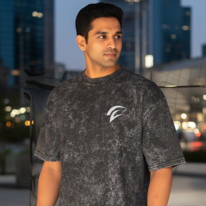 Premium Acid Wash Oversized Cotton Terry T-Shirt – 240 GSM Bio-Washed (Black)