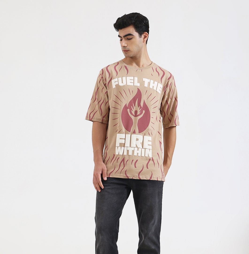 Fuel The Fire Within Graphic Oversized T-Shirt – Motivational Flame Print Tee for Men, Beige