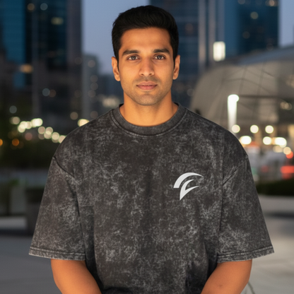 Premium Acid Wash Oversized Cotton Terry T-Shirt – 240 GSM Bio-Washed (Black)