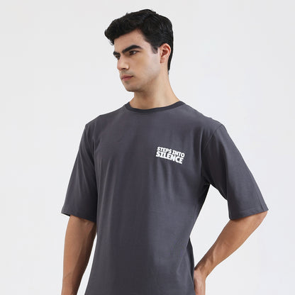 Steps Into Silence Oversized Graphic T-Shirt – Mountain Trekking Adventure Tee for Men, Grey