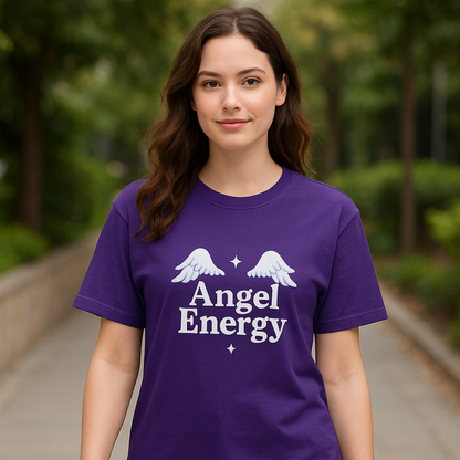 Angel Energy Oversized Graphic T-Shirt for Women – Aesthetic Purple Tee with Angel Wings Print