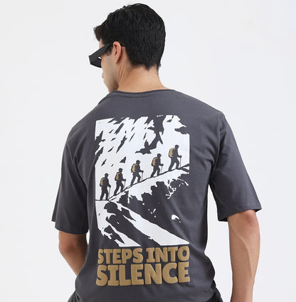 Steps Into Silence Oversized Graphic T-Shirt – Mountain Trekking Adventure Tee for Men, Grey