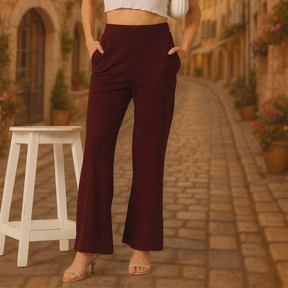 Women’s High-Waist Flared Pants –  Burgundy Bliss | Elegant Office & Casual Wear